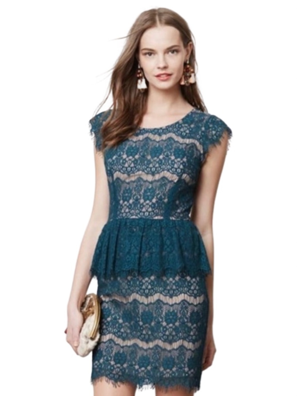Maeve Anthropologie Teal Lace Peplum Ruffle Sheath Pencil Elsa Dress Small EUC